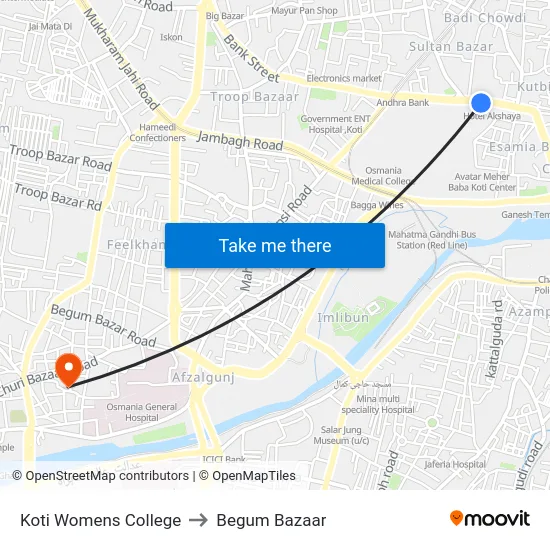 Koti Womens College to Begum Bazaar map