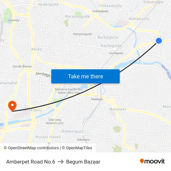 Amberpet Road No.6 to Begum Bazaar map