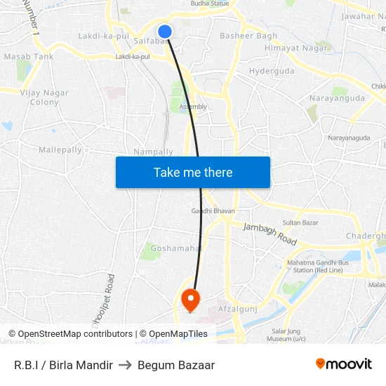 R.B.I / Birla Mandir to Begum Bazaar map