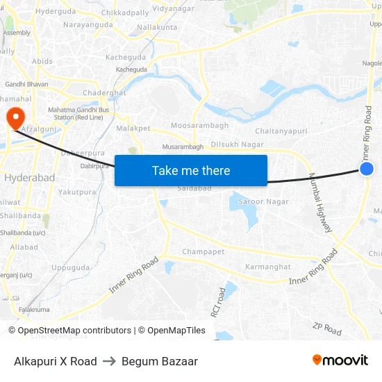 Alkapuri X Road to Begum Bazaar map