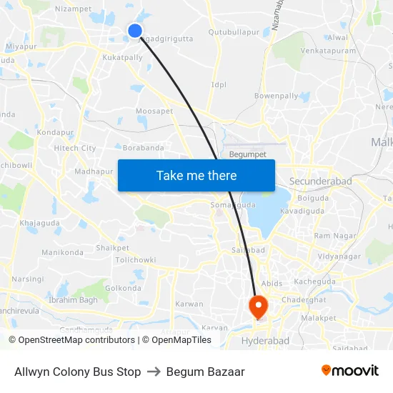 Allwyn Colony Bus Stop to Begum Bazaar map