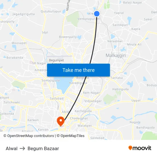 Alwal to Begum Bazaar map