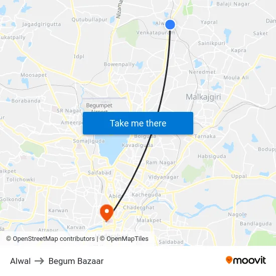 Alwal to Begum Bazaar map