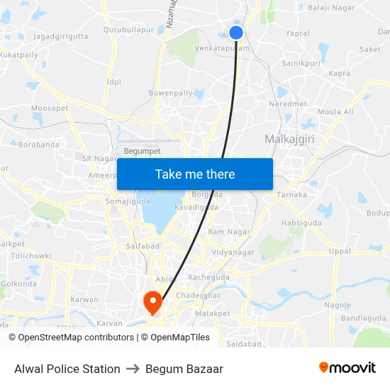 Alwal Police Station to Begum Bazaar map