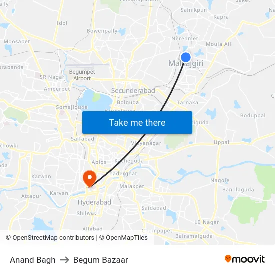 Anand Bagh to Begum Bazaar map