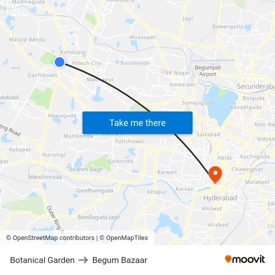 Botanical Garden to Begum Bazaar map