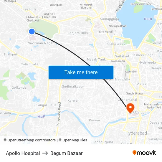 Apollo Hospital to Begum Bazaar map