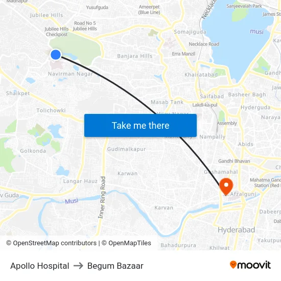 Apollo Hospital to Begum Bazaar map