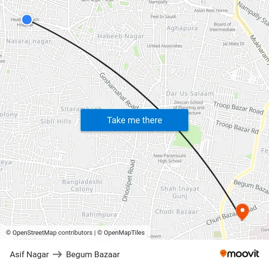 Asif Nagar to Begum Bazaar map