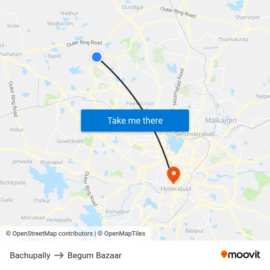 Bachupally to Begum Bazaar map