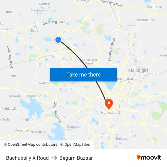 Bachupally X Road to Begum Bazaar map