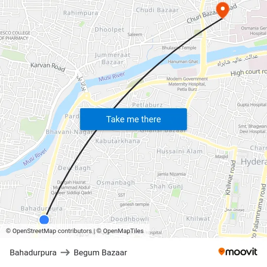Bahadurpura to Begum Bazaar map