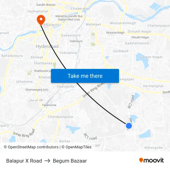Balapur X Road to Begum Bazaar map