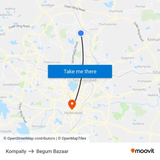 Kompally to Begum Bazaar map