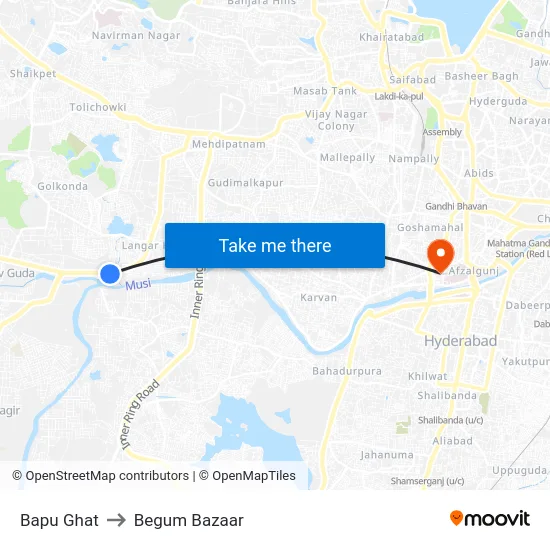 Bapu Ghat to Begum Bazaar map
