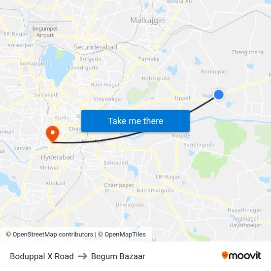 Boduppal X Road to Begum Bazaar map