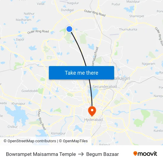 Bowrampet Maisamma Temple to Begum Bazaar map