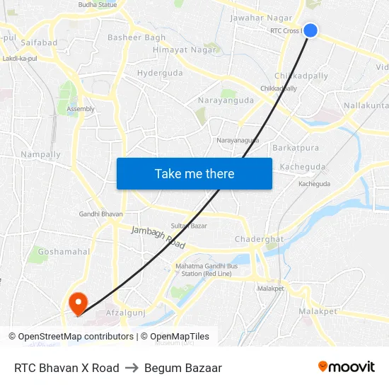 RTC Bhavan X Road to Begum Bazaar map