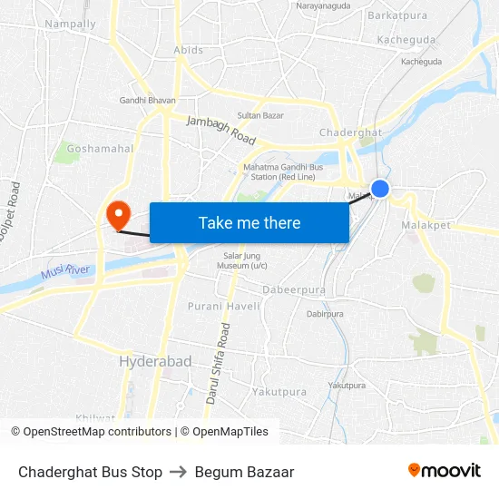 Chaderghat Bus Stop to Begum Bazaar map