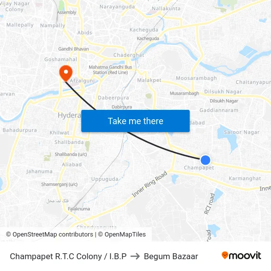 Champapet R.T.C Colony / I.B.P to Begum Bazaar map