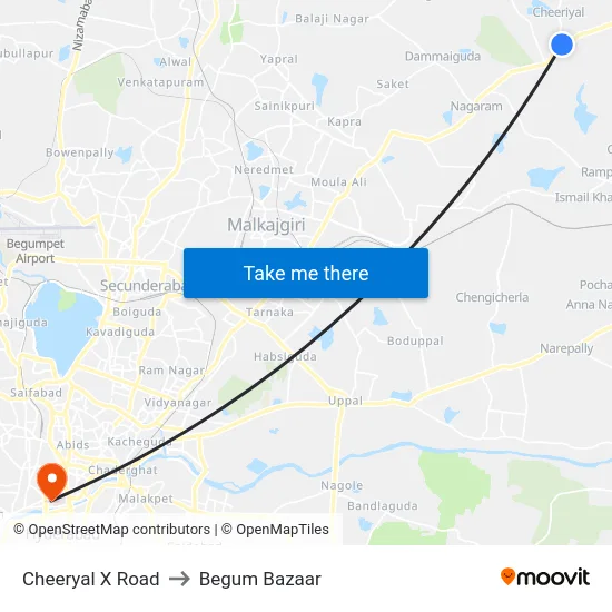 Cheeryal X Road to Begum Bazaar map