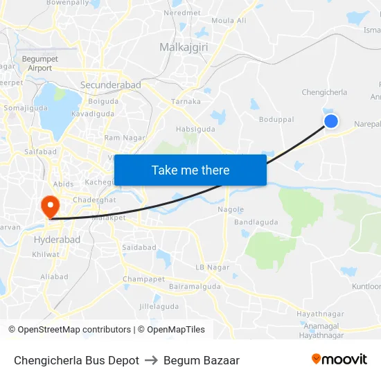 Chengicherla Bus Depot to Begum Bazaar map
