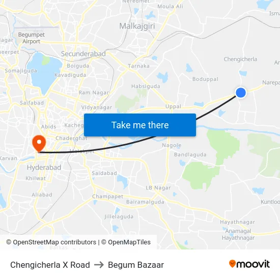 Chengicherla X Road to Begum Bazaar map