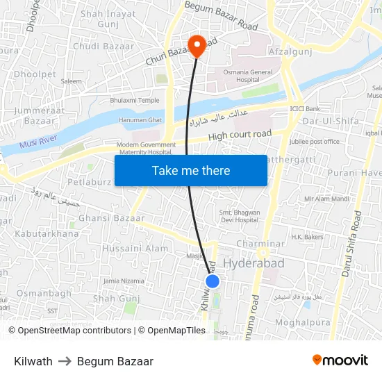 Kilwath to Begum Bazaar map