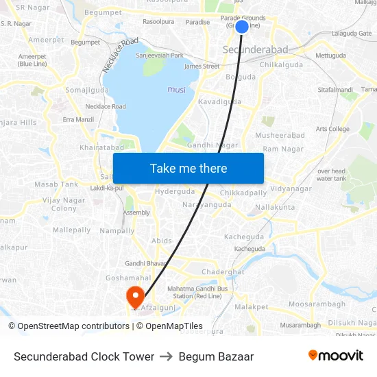 Secunderabad Clock Tower to Begum Bazaar map