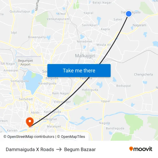 Dammaiguda X Roads to Begum Bazaar map