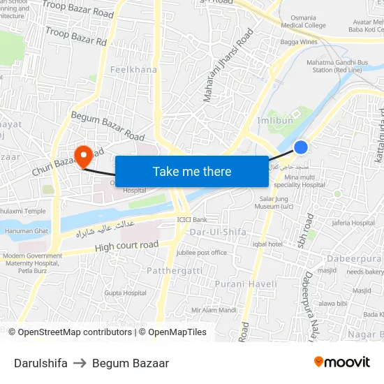 Darulshifa to Begum Bazaar map