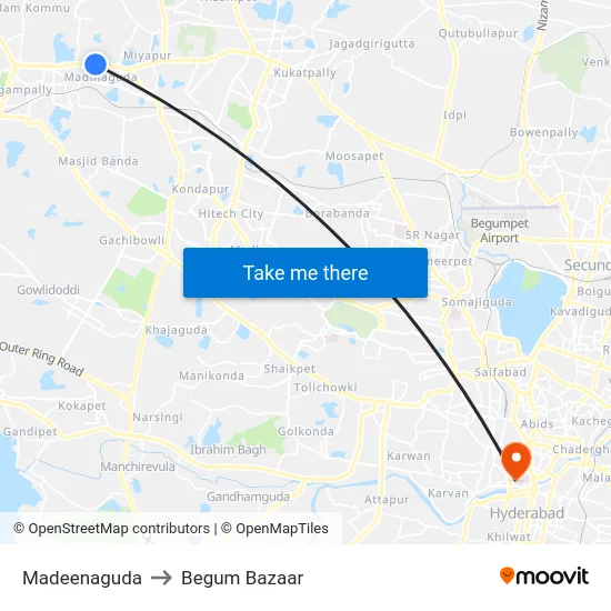 Madeenaguda to Begum Bazaar map