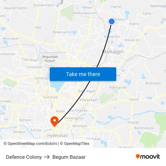 Defence Colony to Begum Bazaar map