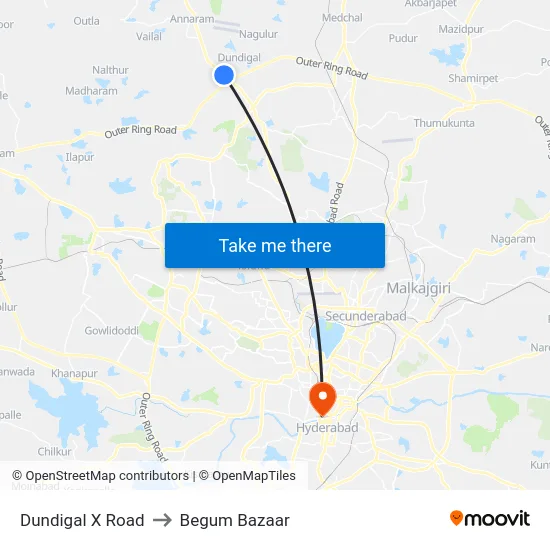 Dundigal X Road to Begum Bazaar map