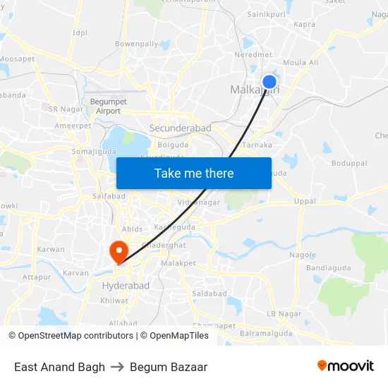 East Anand Bagh to Begum Bazaar map