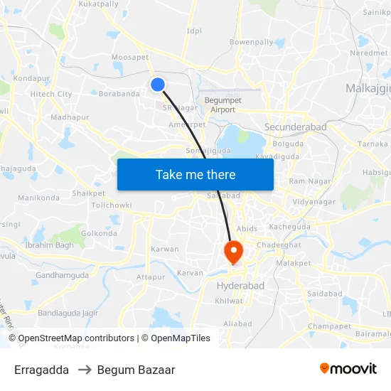 Erragadda to Begum Bazaar map