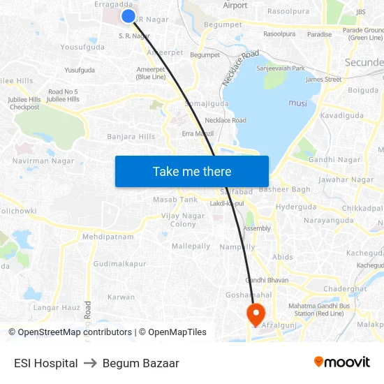 ESI Hospital to Begum Bazaar map
