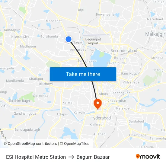 ESI Hospital Metro Station to Begum Bazaar map