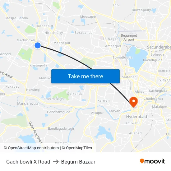 Gachibowli X Road to Begum Bazaar map