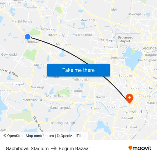 Gachibowli Stadium to Begum Bazaar map