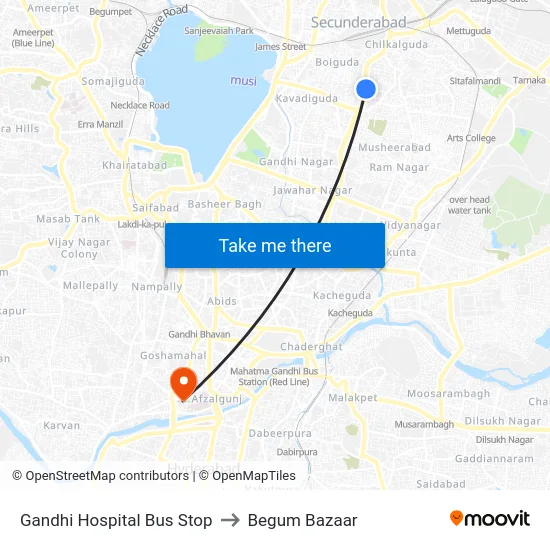 Gandhi Hospital Bus Stop to Begum Bazaar map