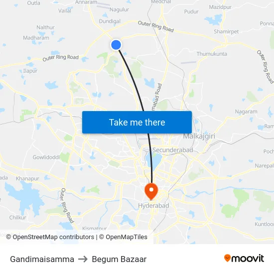 Gandimaisamma to Begum Bazaar map