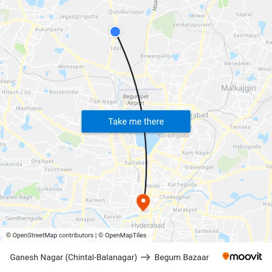 Ganesh Nagar (Chintal-Balanagar) to Begum Bazaar map