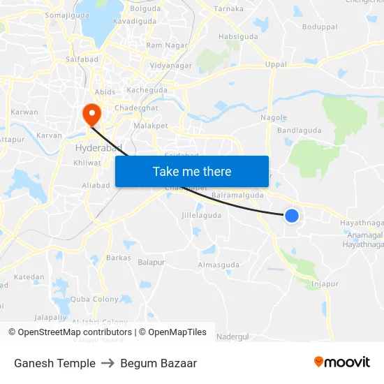 Ganesh Temple to Begum Bazaar map
