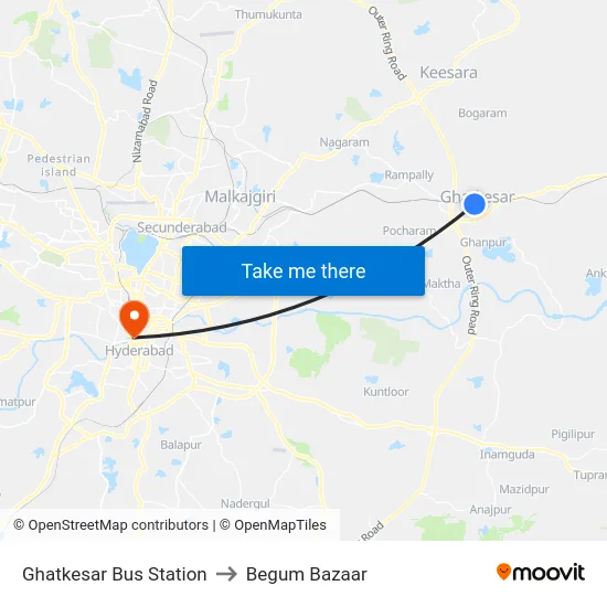 Ghatkesar Bus Station to Begum Bazaar map