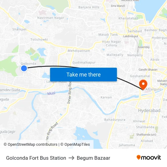 Golconda Fort Bus Station to Begum Bazaar map