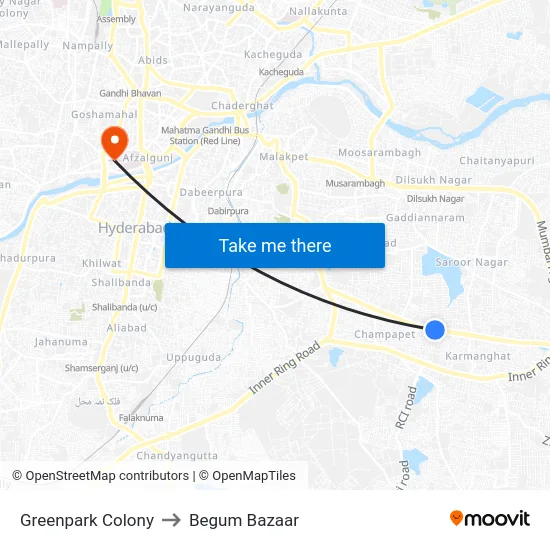 Greenpark Colony to Begum Bazaar map