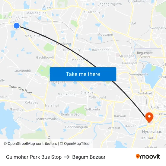 Gulmohar Park Bus Stop to Begum Bazaar map