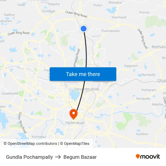 Gundla Pochampally to Begum Bazaar map