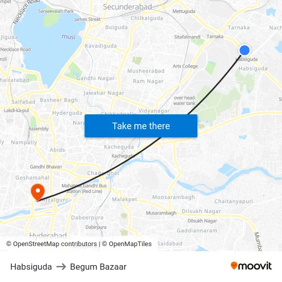 Habsiguda to Begum Bazaar map